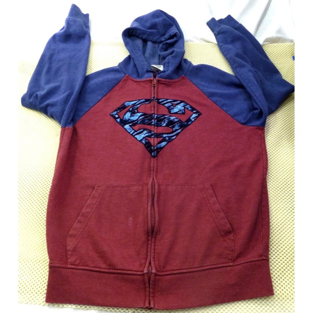 Superman Logo DC Comics Mens Full Front Zip Up Hoodie Burgundy & Blue Med